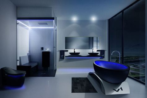 Futuristic Bathroom Design, Futuristic Bedroom Ideas, Futuristic Bathroom, High Tech Interior, Futuristic Bedroom, The Trend Spotter, Showroom Interior Design, Tech House, Bathroom Design Luxury