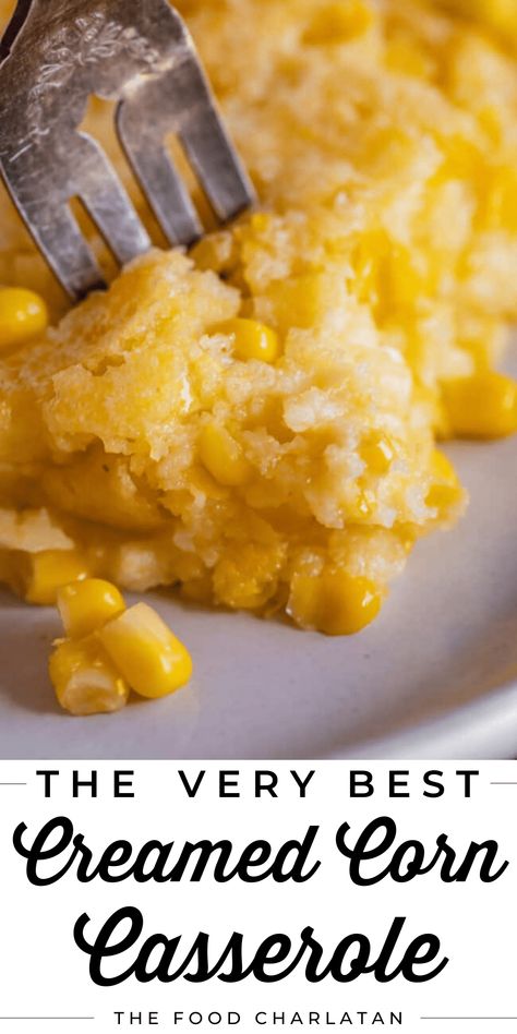 Sweet Creamed Corn Casserole (with Jiffy Mix) | The Food Charlatan. This easy Creamed Corn Casserole recipe is made with a store bought Jiffy cornbread mix. Call it jiffy corn pudding, call it cornbread with creamed corn; whatever you call it, it's the BEST! If you grew up with this Thanksgiving side dish you know what I'm talking about. It is creamy, corny, custardy, and sweet. This Jiffy Corn Casserole recipe is the perfect holiday side, but I also love serving it with a bowl of chili! Corn Casserole With Jiffy, Sweet Creamed Corn, Jiffy Corn Pudding, Cornbread With Creamed Corn, Easy Creamed Corn, Corn Casserole Jiffy, Sweet Cream Corn, Creamed Corn Casserole, Creamed Corn Casserole Recipe