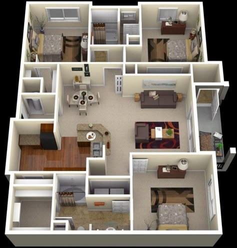 A three bedroom apartment with modern, unobtrusive decor makes for the perfect corporate suite or temporary housing for traveling executives. Reka Bentuk Bilik Tidur, Flat House, Construction Technology, Three Bedroom House Plan, 3d House Plans, Hiasan Bilik Tidur, Amazing Homes, Apartment Floor Plan, Three Bedroom House