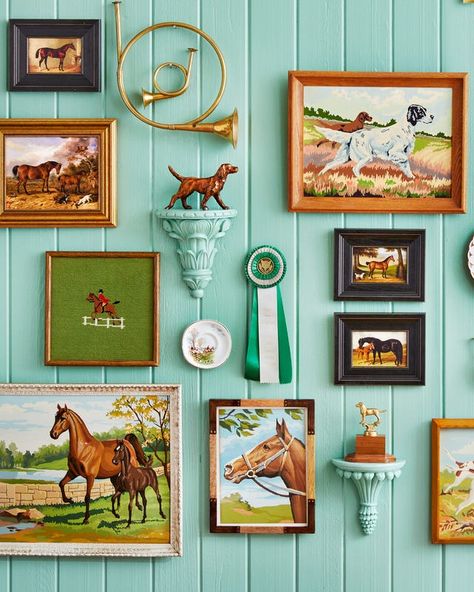 Boys Room Gallery Wall, Whimsical Gallery Wall, Thrifted Gallery Wall, Gallery Wall Wallpaper, Key West Bungalow, Quirky Bedroom, Hunting Theme, Hunting Themes, Eclectic Gallery Wall