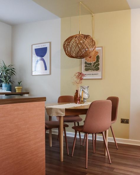 Really pleased at how effective the colour blocking has been in this project. Creating a band in a pastel yellow above the table and onto the ceiling has helped define the dining area in this open plan layout. An old sconce was converted into a pendant using yellow fabric flex and brass cable clips, which further zones the dining space. Colours are Artic Roll and Pampas, both from @coatpaints Pendant @oliverbonas #colour #blocking #colourblocking #paint #yellow #diningroom #diningtable #t... Yellow Ceiling, Plan Layout, Cable Clips, Colour Blocking, Dining Nook, Yellow Fabric, Pastel Yellow, Dining Space, The Ceiling