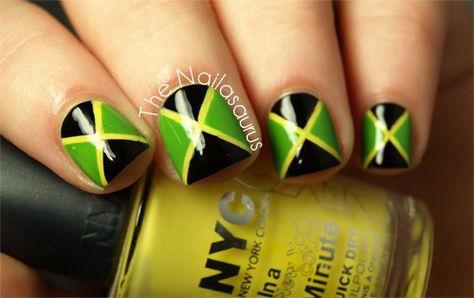 Jamaican Nails, Jamaica Nails, Rasta Nails, Flag Nails, Uk Nails, Crazy Nail Art, Jamaican Flag, Vintage Nails, Casual Nails