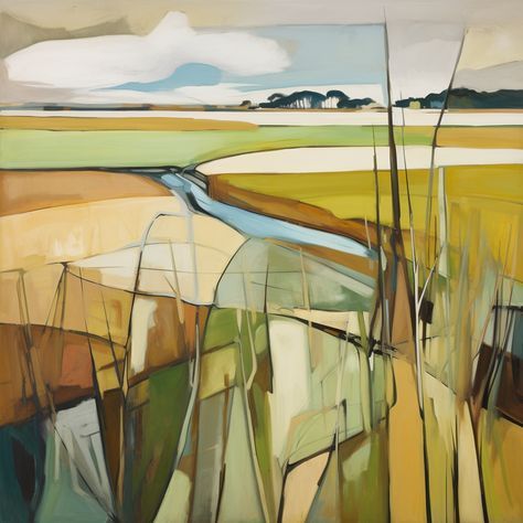 Escape into the abstract world of nature with this evocative cubist interpretation of the Samphire plant, nestled within the salt marshes of Montrose Basin. The artist has deconstructed the vista into a mosaic of geometric forms, inviting the viewer to explore the salt marsh through a different lens. This piece captures the essence of the Scottish coastal landscape with its earthy tones and hues of ochre, amber, and olive, intersected with moments of azure and cobalt blue. The segmented patt...