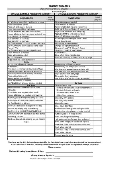 Initial Complete Initial Complete Ensure all dining chairs are clean and dust free Dust banisters in rotunda Dust banister... Kitchen Cleaning List, Bar Checklist, Closing Checklist, Kitchen Cleaning Checklist, Starting A Restaurant, Cleaning Checklist Template, Restaurant Cleaning, Restaurant Service, Restaurant Management