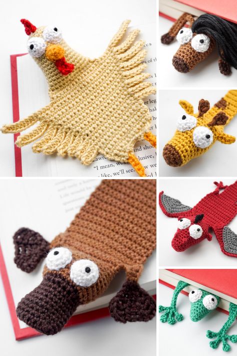 Easy to follow step by step amigurumi bookmark crochet patterns. It does not matter if a platypus, chicken, horse, giraffe, dragon or gecko. Make reading an unforgettable experience with this bookmarks by supergurumi. #Amigurumi #Crochet Crochet Horse Bookmark Free Pattern, Crochet Giraffe Blanket Pattern, Crochet Amigurumi Bookmark Free Pattern, Crochet Dragon Bookmark Pattern Free, Giraffe Bookmark Crochet, Crochet Amigurumi Bookmark, Cricket Crochet Pattern, Crochet Animal Bookmarks Free Pattern, Crochet Dragon Bookmark