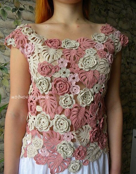 Irish Lace Crochet Pattern, Blouse Ideas, Irish Crochet Patterns, Crochet Ladies Tops, Stil Boho, Form Crochet, Crochet Lace Pattern, Crochet Summer Tops, Irish Lace Crochet