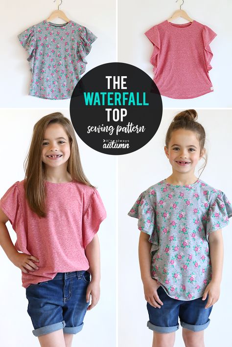 Click through for this adorable free sewing pattern for a girls top in size 7/8. Cute girls ruffle shirt pattern free! Ruffle Shirt Pattern, Shirt Pattern Free, Top Pattern Sewing, Sewing Top, Dresses Sewing, Sewing Tops, Sewing Kids Clothes, Top Sewing, Shirt Sewing Pattern