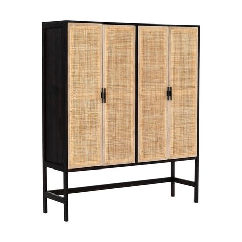 Two-tone contrast with a textural twist. Washed black acacia forms spacious open shelving, while natural cane weaves to cover four mango-framed doors. A simple Parsons-style base and black iron hardware pulls add eye-catching contrast to modern cabinetry. Dimensions: W:59.00" x D:17.00" x H:69.00" Colours: Natural Mang Darcie Cabinet, Lakehouse Ideas, Home Decor Brands, Iron Hardware, Mcgee & Co, Cabinets For Sale, High Fashion Home, Door Storage, Custom Upholstery