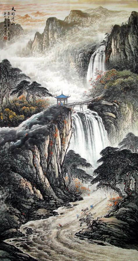 Chinese Painting: Mountains, waterfall - Chinese Painting CNAG221550 - Artisoo.com Painting Mountains, Asian Artwork, Asian Landscape, Japan Painting, Chinese Landscape Painting, Art Chinois, Chinese Art Painting, Japanese Artwork, Asian Painting