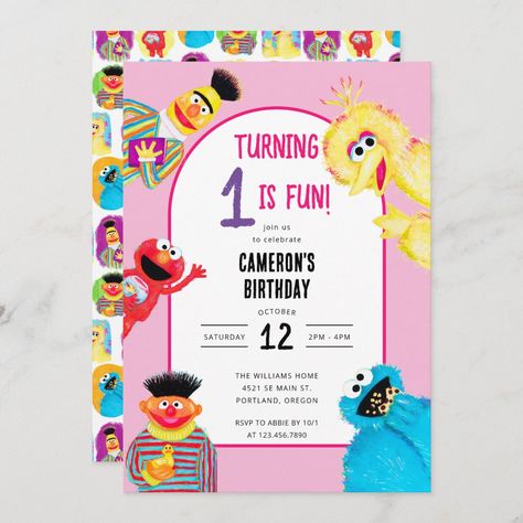 Sesame Street Characters First Birthday Party Invitation Pink Sesame Street Birthday, 1st Birthday Sesame Street Theme, Sesame Street 1st Birthday Party, Elmo 1st Birthday, Elmo Invitations, Elmo Birthday Invitations, Sesame Street Birthday Invitations, Sesame Street Party Ideas, Sesame Street Invitations