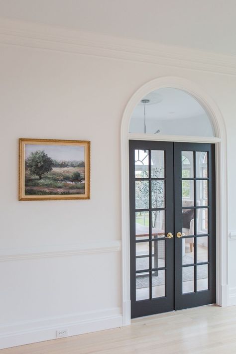 White Hallway Painted Doors, Painted Black French Doors, Painted Interior French Doors, Black Interior French Doors With White Trim, Painted French Doors Interior, Black French Doors Study, Interior French Door Black, Black Interior Doors With White Trim, Painting French Doors Black