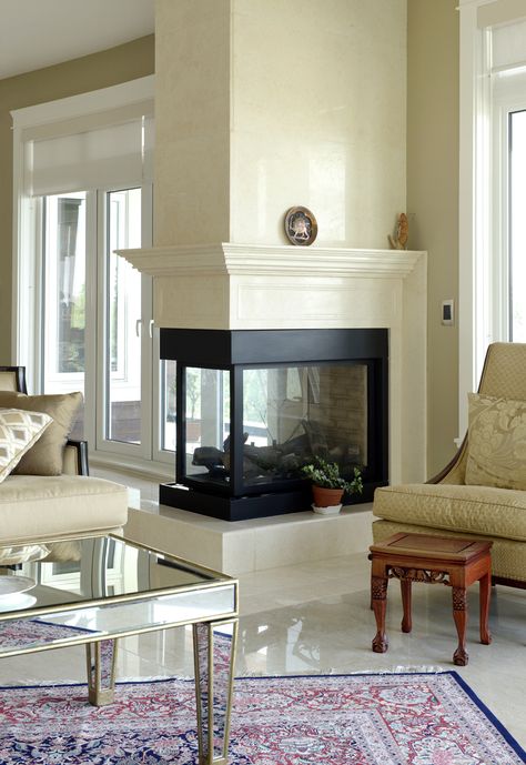 Nice 3 sided fireplace. 3 Sided Fireplace, Vented Gas Fireplace, Double Sided Fireplace, Glass Fireplace, Contemporary Fireplace, Apartment Architecture, Corner Fireplace, Fireplace Remodel, Home Fireplace