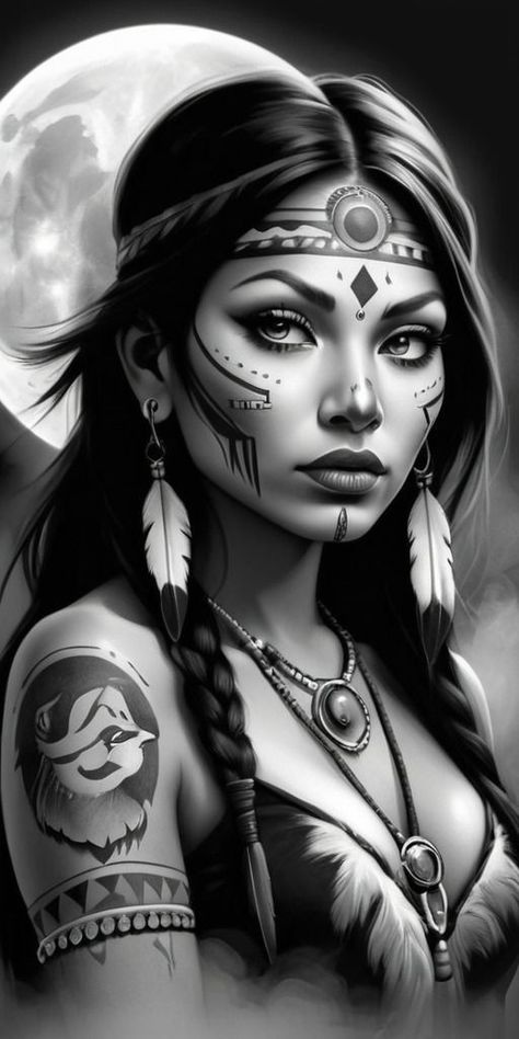 Native Girl Tattoo, Native American Indians Tattoo, Indian Girl Tattoo, Native American Queen, Indian Women Tattoo, Girl Tattoo Design, Native Indian Tattoos, Indian Girl Tattoos, Native American Tattoo Designs