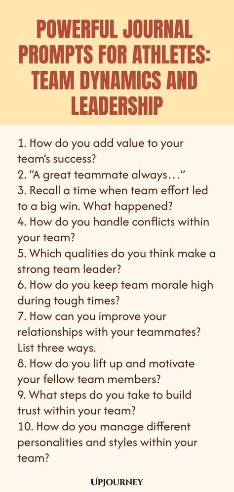 Explore the power of journaling with these thought-provoking prompts specially designed for athletes focusing on team dynamics and leadership. The insightful questions will help you reflect, grow, and enhance your performance both on and off the field. Whether you're a coach or an athlete, these prompts are perfect for deepening your understanding of teamwork and leadership within sports. Elevate your game with these powerful journal prompts tailored for the athlete in you! Insightful Questions, Journal Prompt Ideas, Easy Journal, Journaling Routine, Work Etiquette, Psychology Terms, Team Dynamics, Relationship Quizzes, Team Morale