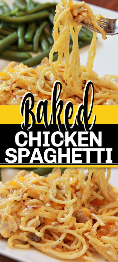 Oven Chicken Spaghetti Recipe, White Chicken Spaghetti Bake, Baked Chicken Spaghetti, Chicken Casseroles, Chicken Spaghetti Recipes, Dirty Rice, White Mushroom, Baked Pasta, Delicious Pasta