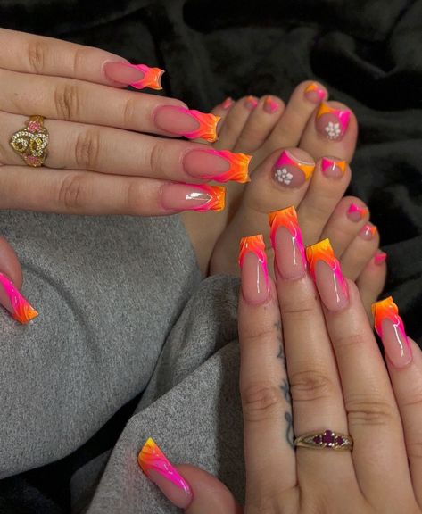 Different Nail Design Each Finger, Nail Inspiration Multicolor, Vibrant Nail Ideas, Nail Ideas Orange And Pink, Royal Blue And Orange Nails, Pink And Orange Acrylic Nails, Tenerife Nails, Jamaican Nail Designs, Orange And Pink Nail Designs