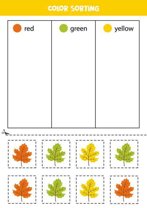 Download the Sort hand drawn leaves by colors. Learning colors for children. 11744387 royalty-free Vector from Vecteezy for your project and explore over a million other vectors, icons and clipart graphics! Fall Shapes Preschool, Fall Sorting Activities Preschool, Leaf Theme Preschool Activities, Autumn Activities For Kids Preschool, Leaves Activities For Preschoolers, Leaves Crafts For Toddlers, Preschool November, Color Activities For Toddlers, Colors Learning