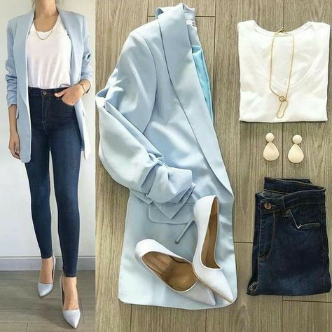 Baby Blue Blazer Outfit, Light Blue Blazer Outfits For Women, Light Blue Blazer Outfit, Blue Blazer Outfits For Women, Blue Blazer Outfit, Light Blue Blazer, Looks Jeans, Blazer Outfits For Women, Work Time