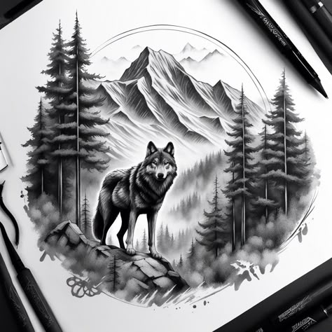 Wolf And Waterfall Tattoo, Wolf And Trees Tattoo Design, Wolves Tattoo, Wolf In Trees Tattoo, Wolf In Woods Tattoo, Wolf Forest Tattoo Design, Wolf In Forest Tattoo, Lone Wolf Tattoo, Waterfall Tattoo