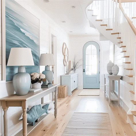 A Harmonious Coastal Retreat Home Concept Coastal Style Home Decor, Coastal Front Entryway Ideas, Beach Home Decor Coastal Style Interior Design, Coastal Backyard Patio, Modern Coastal Hallway, Coastal House Entrance, Costal Home Office, Hamptons Aesthetic Interior, Coastal House Decorating Ideas