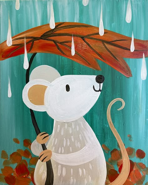 An autumn leaf makes the perfect umbrella to keep this little mouse out of the rain Kids Painting Class, Pinots Palette, Fall Canvas Painting, Fall Art Projects, Painting Parties, Umbrella Art, Kids Art Class, Kids Painting, Art Lessons For Kids