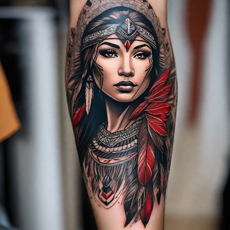 Indian Mythology Tattoo, Native American Tattoo Art, Native American Warrior Tattoos, Indian Women Tattoo, Cherokee Tattoos, Tattoo Indian, Azteca Tattoo, 30 Tattoo, Native American Tattoos