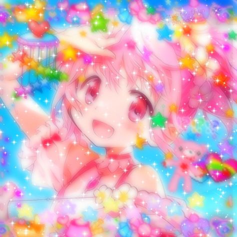 Madoka Magica Cute Core, Madoka Magica Edit, Cringe Weeb, Rainbow Glitch, Icons For Wallpaper, Cute Core Pfp, Kidcore Anime, Spotify Playlist Pictures, Cutecore Pfps