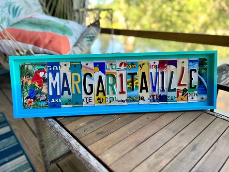 Margaritaville license plate sign, its 5 O'clock somewhere, key west, island life, tiki bar decor, housewarming gift, jimmy buffet, beach. Margaritaville Sign, License Plate Sign, Jimmy Buffet, 5 O Clock Somewhere, Tiki Bar Decor, Tropical Parrot, 5 O Clock, Tiki Bar, License Plates