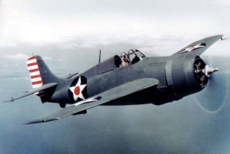 Grumman F4F-3 Wildcat in flight, right front quarter view, painted non-specular blue-gray over light gray, early 1942, color (U.S. Navy) F4f Wildcat, Grumman F6f Hellcat, Grumman Aircraft, Ww2 Fighter Planes, Fly Navy, Wwii Airplane, Wwii Fighters, Wwii Plane, Ww2 Planes