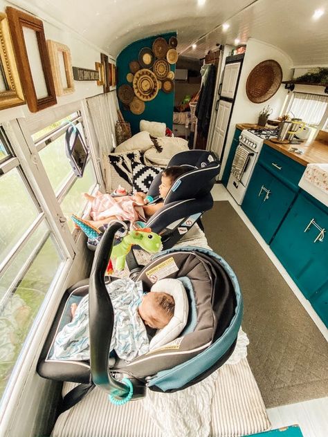 Hanging Bassinet, School Bus Tiny House, Converted School Bus, Tiny Home On Wheels, Fold Out Beds, Bus Living, Bus House, School Buses, Home On Wheels