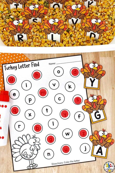 Sensory Bins Thanksgiving, November Preschool Sensory Bin, Fall Theme Pre K Activities, Thanksgiving Themed Sensory Bin, Turkey Alphabet Match, Preschool Thanksgiving Literacy Activities, Kindergarten Activities Thanksgiving, November Sensory Bin Kindergarten, Alphabet Knowledge Activities Preschool