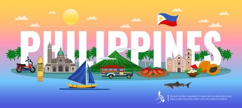 Philippines typographic composition with... | Free Vector #Freepik #freevector #food #house #building #map Typographic Composition, Philippines Tourism, Regions Of The Philippines, Background Horizontal, Calendar Background, Filipino Art, Philippine Art, Dancing Drawings, Backdrop Design