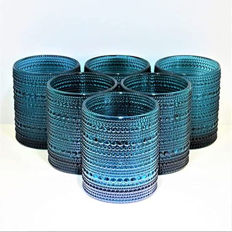 6-pack Hobnail Drinking Glasses, 10 oz Thick Modern Glass Tumbler, Double Old Fashion Glass, Vintage Bubble Glassware (Cornflower Blue) Vintage Drinking Glasses, Colored Glassware, Apartment Aesthetic, Old Fashioned Glass, Bar Glassware, Turquoise Glass, Old Fashion, Glassware Set, Modern Glass