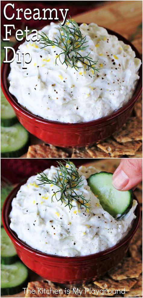 Bowl of Creamy Feta Dip Whipped Greek Yogurt, Greek Snacks, Whole Grain Crackers, The Kitchen Is My Playground, Grain Crackers, Greek Yogurt Dressing, Dried Dill, Greek Yogurt Dips, Creamy Feta