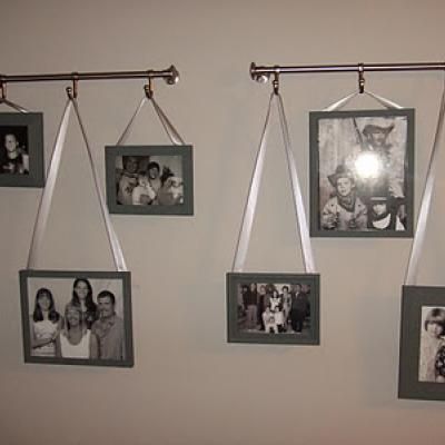 Hanging Pictures with Ribbon {Photo Wall}    Do this in the hallway??? Picture Displays, Camp Decor, Ribbon Wall, Picture Rail, Display Photos, Hanging Picture Frames, Plumbing Pipe, Ribbon Art, Hanging Frames