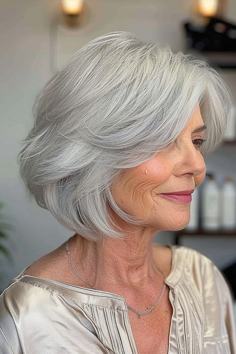 The Trendiest Layered Bob Haircuts of 2024 Grey Layered Bob, Bob Grey Hair, Gray Bangs, Grey Hair Short, Disconnected Layers, A Line Bob With Bangs, Brunette Tones, Grey Hair And Glasses, Layered Bob With Bangs