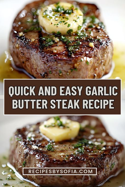 Craving a delicious dinner that comes together in a flash? This quick garlic butter steak recipe is your answer! With minimal ingredients and straightforward steps, you can achieve a perfectly juicy, flavor-packed steak in only 30 minutes. The combination of fresh garlic, creamy butter, and your choice of herbs makes this dish irresistibly savory. Ideal for busy weeknights or impromptu gatherings, this recipe will become your go-to for satisfying meals that impress without the stress. Steak With Butter And Garlic, Garlic Butter Sauce For Steak, Garlic Butter For Steak, Garlic Herb Butter Steak, Buttered Steak, Steak Garlic Butter, Butter Steak Recipe, Best Steak Recipe, Herb Butter For Steak