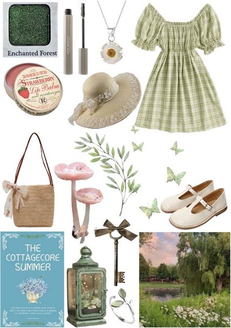 cottagecore Outfit | ShopLook Cottagecore Beach Outfit, Cottagecore Outfits Summer, Cottagecore Outfit Ideas, Cottagecore Beach, General Outfit, Cottagecore Outfit, Strawberry Lip Balm, Light Green Dress, Natural Mascara