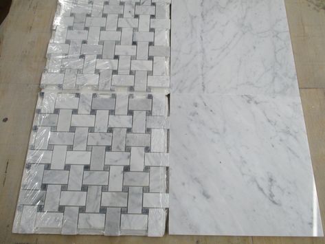 Premium Carrara Venato White Marble Polished 12x12 Tile and Basketweave w/ Bardiglio Gray dots Mosaic Tile Wall Flooring.
sku# C44P, C657XP Carrara Basketweave Tile Bathroom, Basket Weave Mosaic Tile, Bathroom Marble Herringbone Floor, Basketweave Shower Floor Tile, Grey Basketweave Tile Bathroom, Basketweave Bathroom Floor, White Basketweave Tile, Basket Weave Tile Bathroom, Marble Subway Tile Bathroom