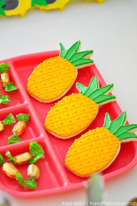 Pineapple cookies! Party Like a Pineapple birthday party via Kara Allen | Kara's Party Ideas | KarasPartyIdeas.com Pineapple party ideas, supplies, recipes, decor and more! Pineapple Themed Birthday Party, Pineapple Party Ideas, Pineapple Cookie, Pineapple Birthday Party, Pineapple Cookies, Cookies Party, Pineapple Theme, Pineapple Birthday, Pineapple Party