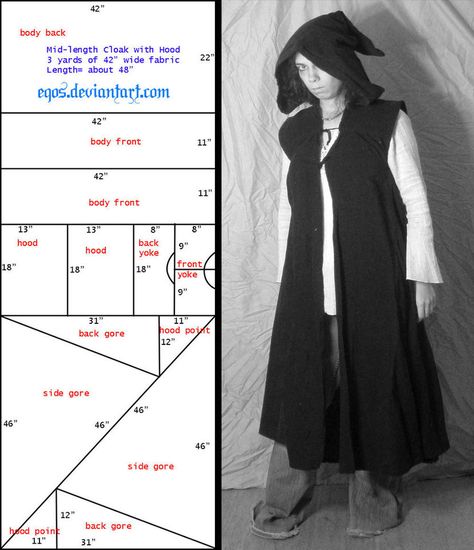 Had to make a tutorial for the girl who is making our cloaks for Captivenia, and thought I'd share it with all of you! The measurements are pretty basic, so you may adjust them to match the size of... Hooded Cloak Pattern, Winter Coat Pattern, Medieval Dress Pattern, Cloak Pattern, Costume Viking, Costume Tutorial, Cosplay Tutorial, Hooded Cloak, Costume Patterns