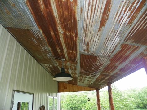 Rusty Tin ceiling on porch... Old Tin Under Porch Roof, Rusted Tin Ceiling, Tin Porch Ceiling, Metal Porch Ceiling, Screen Porch Ceiling, Rustic Tin Ceilings, Metal Tin Ceiling, Rustic Farmhouse Front Porches, Farmhouse Front Porch Decorating