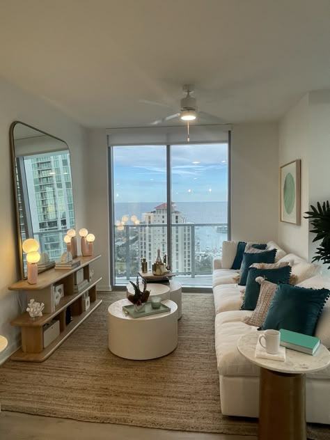 City Apartment Living Room Aesthetic, Modern Miami Apartment, Miami Condo Living Room, Florida Beach Apartment, First Condo Aesthetic, Florida Appartement, Apartment In Florida, High Rise Apartment Living Room, Florida Apartment Aesthetic