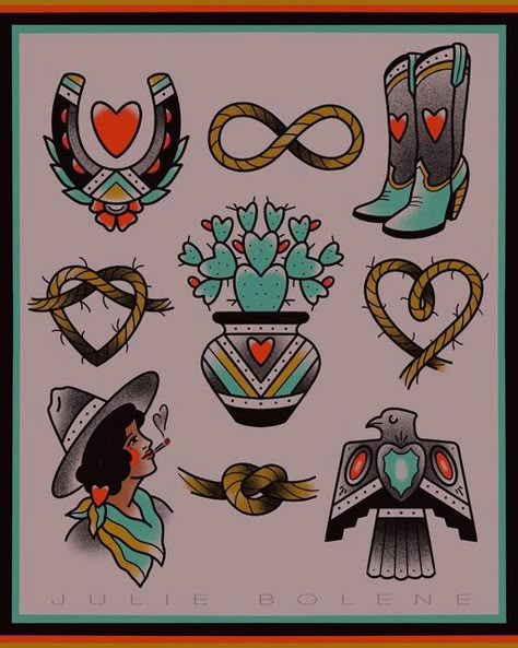 Julie Bolene on Instagram: "VALENTINES DAY ✨I’ll be taking appointments or walking for these at @bigfishtattoo on Tuesday 12-8, or booking these for appointments on Sundays/ Mondays! To book email me jbolene@mac.com" Traditional Western Back Tattoo, Saddle Tattoo, Cowboy Tattoo For Women, Lasso Tattoo, Western Theme Tattoo, Traditional Western Tattoo, Boots Tattoo, Girly American Traditional Tattoo Ideas, Cowboy Boot Tattoo