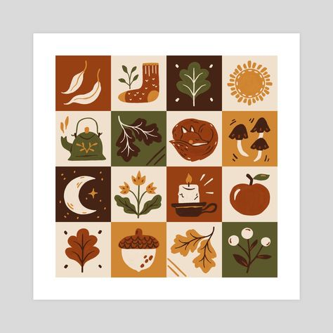 A quilt-style print with motifs evoking the start of Fall—the sun, the moon, a red fox, teapot, leaves, and more—in a cozy autumnal palette. Autumnal equinox aesthetic | Autumn art print | Fall equinox art | First day of Fall vibes | Cozy autumn art | Autumnal equinox sun and moon | Fall aesthetic art #autumnalequinox #fall #autumn Fall Vector Illustrations, Fall Wreath Drawing, Autumn Pattern Illustration, Autumn Illustration Art, Equinox Aesthetic, Fall Illustration Art, Equinox Art, Autumn Leaves Illustration, Fall Art Prints