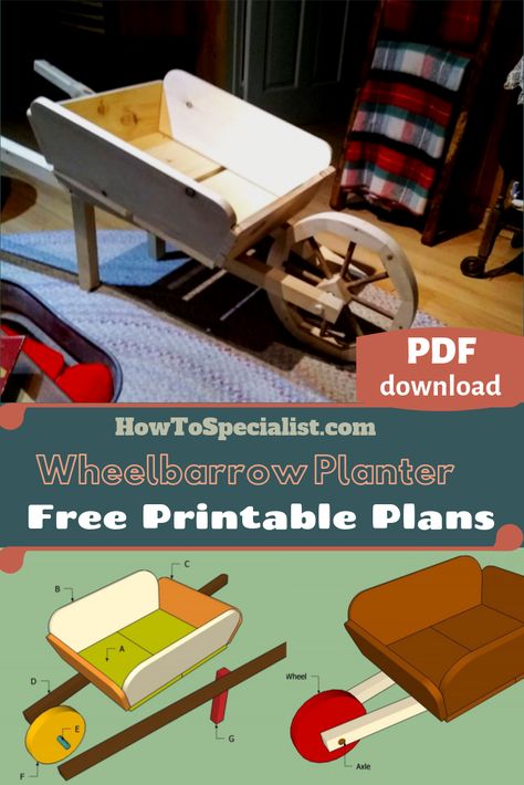 Easy to follow free plans for you to build a wooden wheelbarrow planter. This planter is easy to use and it features a rustic design. PDF Download and Print friendly, with a full cut / shopping list included. #planter #wheelbarrow #wheelbarrowplanter Wooden Wheelbarrow Planter Plans, Diy Wooden Wheelbarrow, Wooden Wheelbarrow Planter, Rustic Wheelbarrows, Wishing Well Plans, Garden Wheelbarrow, Wagon Planter, Wood Box Design, Wooden Wheelbarrow