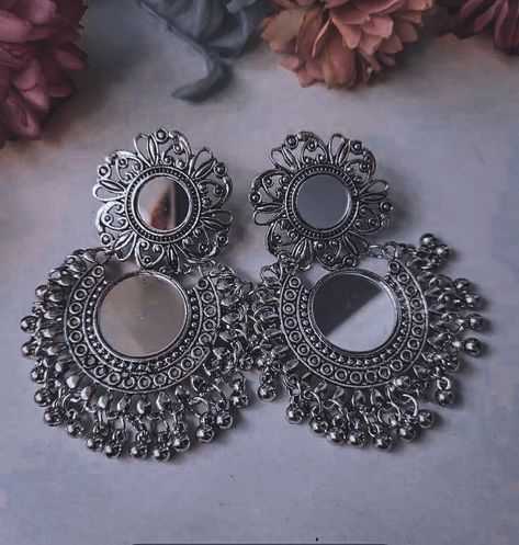 Mirror Jhumka Earrings, Indian Jhumka Aesthetic, Stylish Earrings Unique, Fancy Earrings Classy, Oxide Earrings, Oxidised Jewellery Earrings, Jhumka Bareli Wala, Fancy Earrings Fashion, Desi Earrings