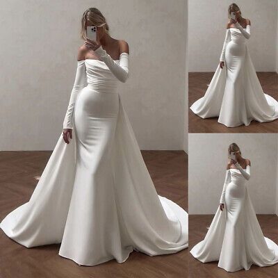 Mermaid Satin Wedding Dresses Elegant Detachable Train Long Sleeves Bridal Gowns -  #Bridal #Detachable #Dresses #Elegant #gowns #Long #Mermaid #Satin #Sleeves #Train #Wedding Datin Wedding Dress, Dramatic Elegant Wedding Dress, Wedding Dresses Long Sleeve Satin, Removable Skirt Wedding Dress Satin, Vintage Wedding Dress Princess, Long Sleeve Wedding Dress V Neck, Flowy Mermaid Wedding Dress, Long Sleeve Silk Wedding Dress Vintage, All Silk Wedding Dress