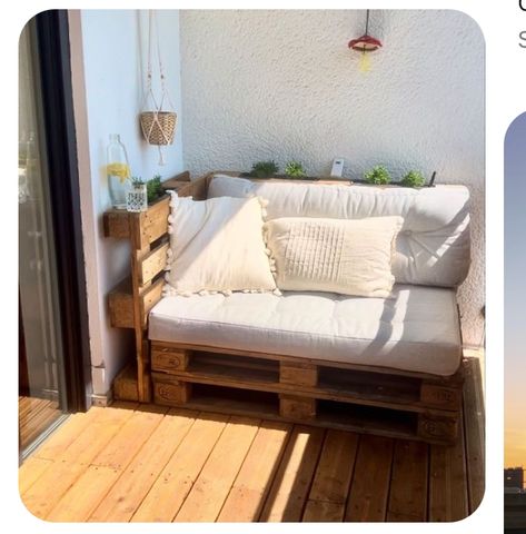 Vibey Apartment Patio, Balcony Pallet Furniture, Diy Balcony Furniture, Diy Outdoor Lounge, Balcon Mic, Diy Lounge, Pallet Lounge, Balkon Decor, Garden Globes