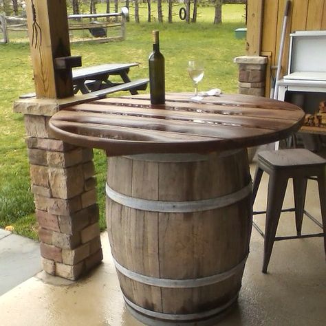 Whisky Barrel Table, Whisky Barrel Ideas, Wine Barrel Diy, Whiskey Barrel Bar, Wine Barrel Bar, Barrels Diy, Wine Barrel Table, Wine Barrel Ideas, Patio Table Decor